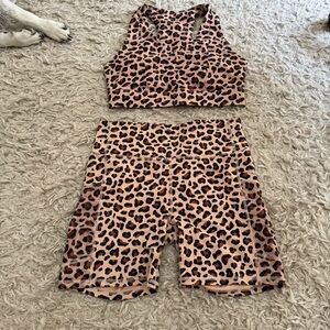 Fabletics PowerHold Leopard Print Sports Bra and Shorts Set